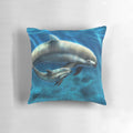 Vaquita porpoise maternal bond pillow, featuring a beautiful illustration of a mother and calf porpoise swimming together.