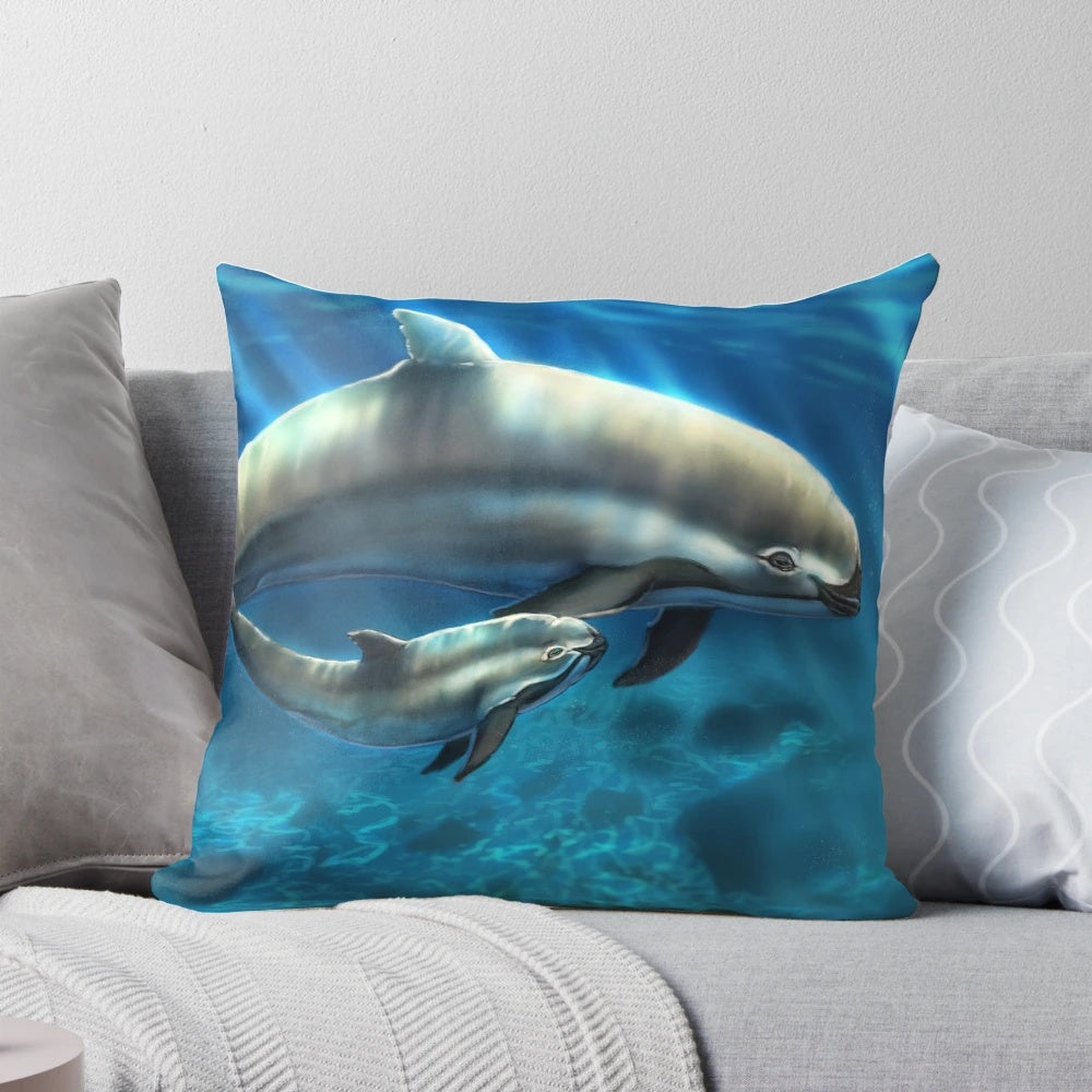 Vaquita porpoise maternal bond pillow, featuring a beautiful illustration of a mother and calf porpoise swimming together.