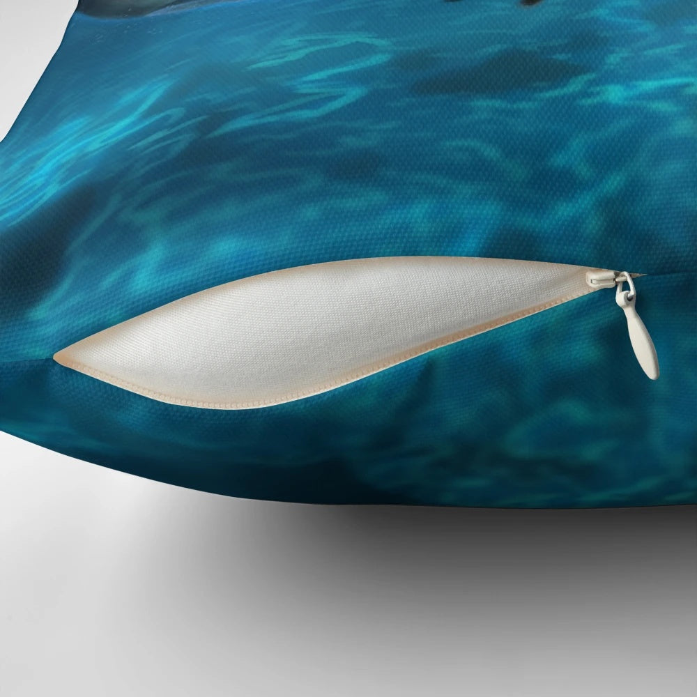 Vaquita porpoise maternal bond pillow, featuring a beautiful illustration of a mother and calf porpoise swimming together.
