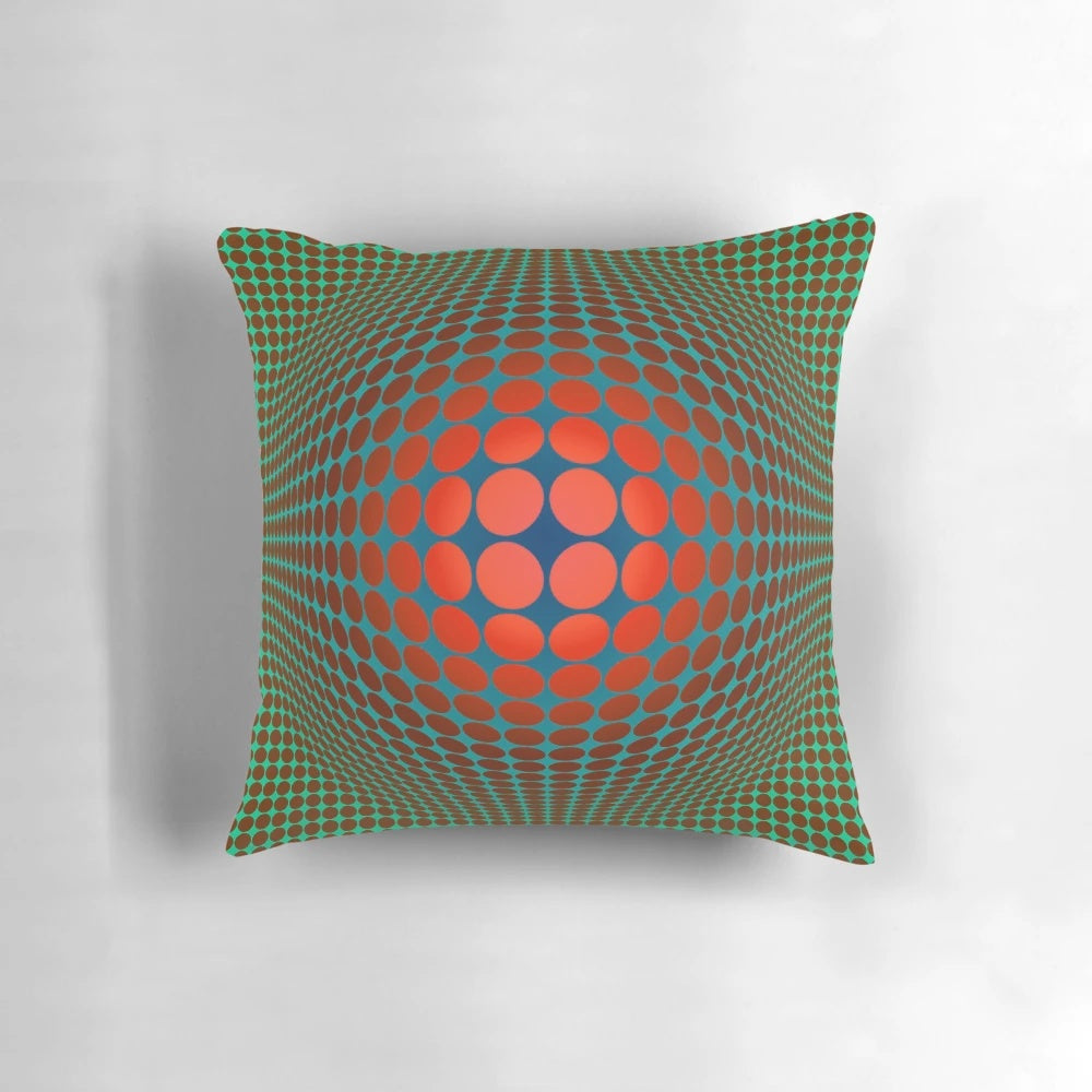 Vibrant Vasarely-inspired optical illusion pillow with geometric patterns in red and orange