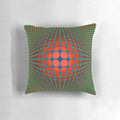 Vibrant Vasarely-inspired optical illusion pillow with geometric patterns in red and orange