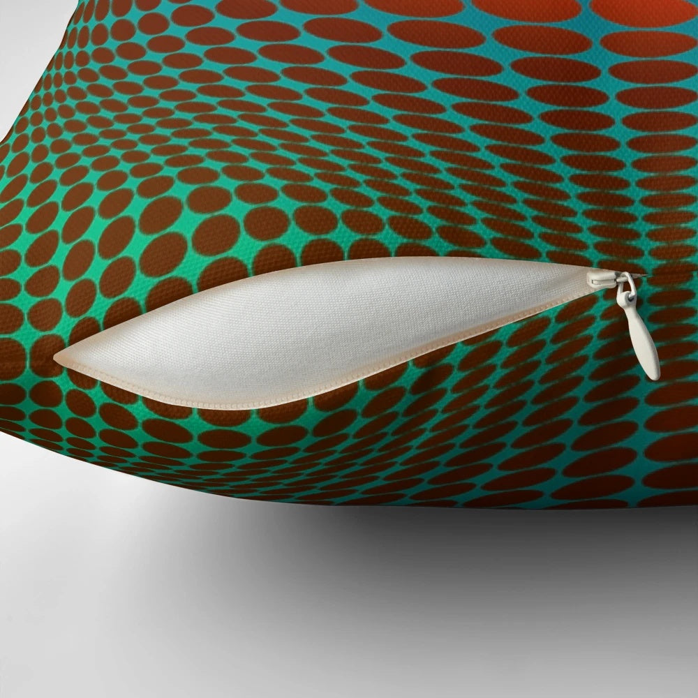 Vibrant Vasarely-inspired optical illusion pillow with geometric patterns in red and orange