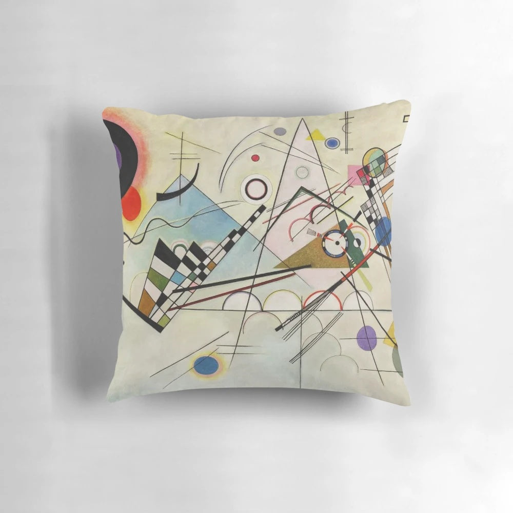 Vasily Kandinsky's Composition 8 abstract art design printed on a soft, decorative pillow.