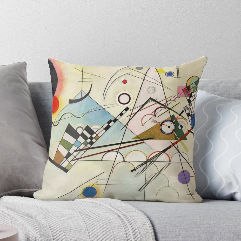 Vasily Kandinsky's Composition 8 abstract art design printed on a soft, decorative pillow.