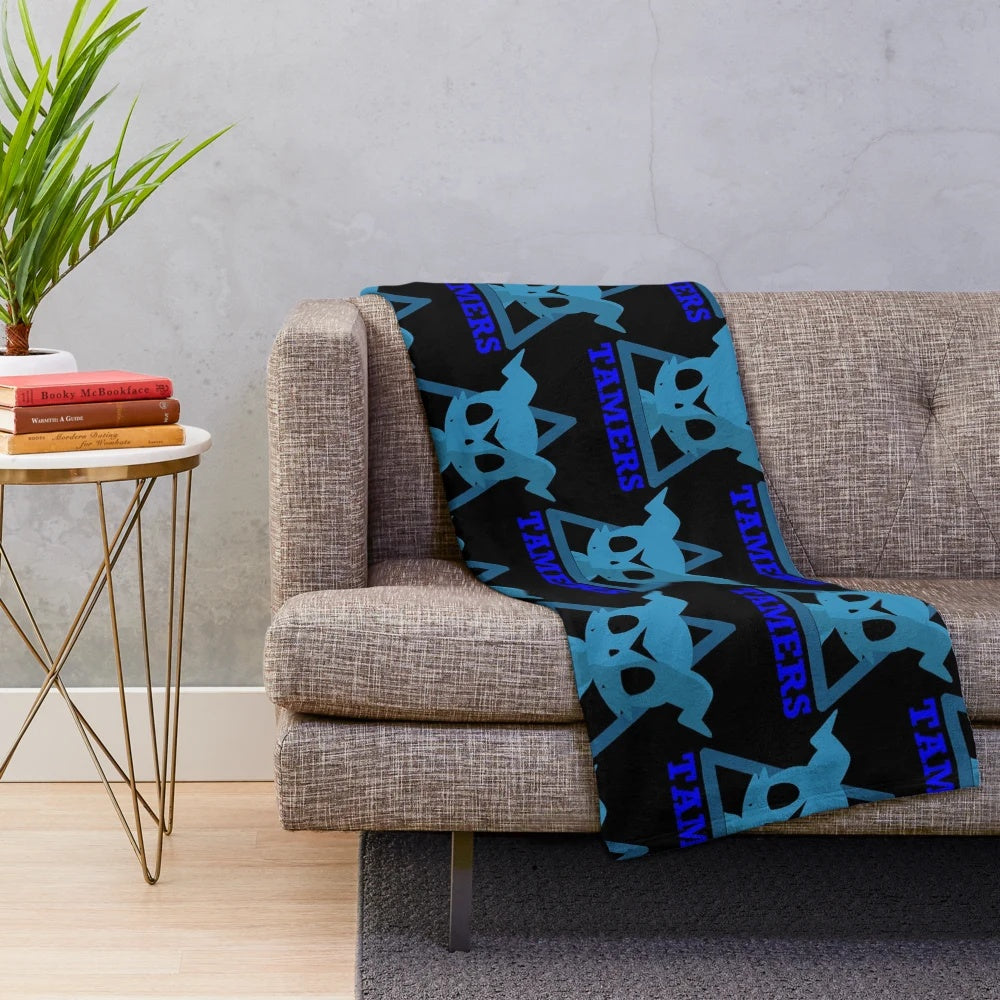 Veemon-inspired plush blanket featuring characters from the Digimon anime