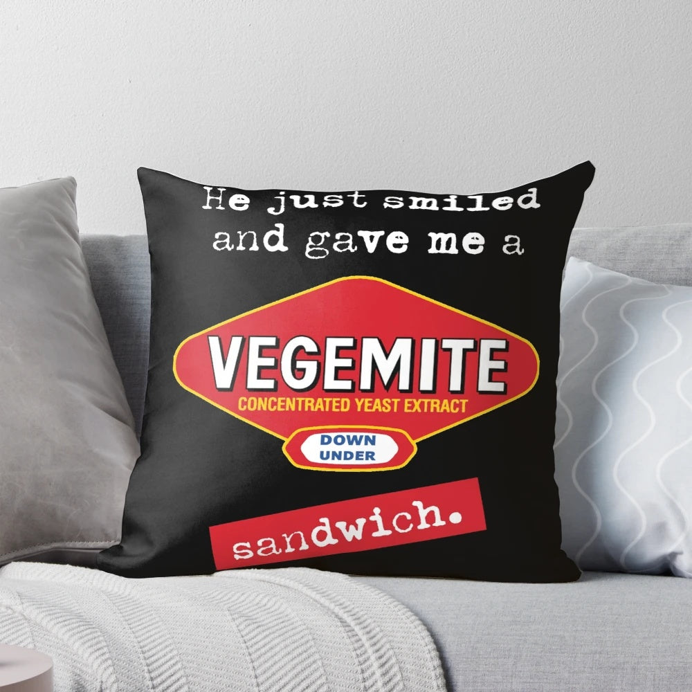 Pillow featuring the lyrics "He just smiled and gave me a Vegemite sandwich" from the Men at Work song "Down Under