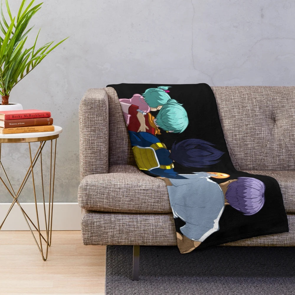 Vegeta Family Plush Blanket featuring Vegeta, Bulma, Trunks, and Bulla from the Dragon Ball Z anime series