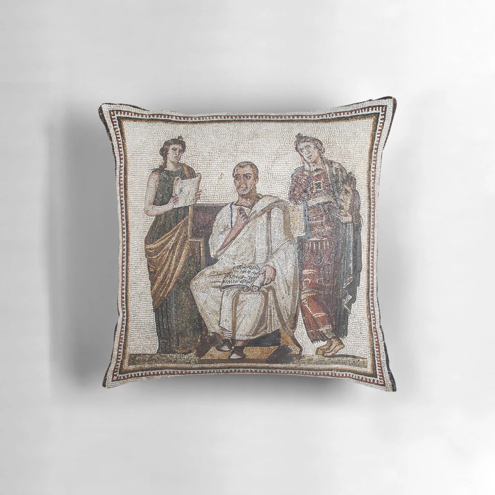Decorative pillow featuring a Vergil-inspired Roman mosaic design