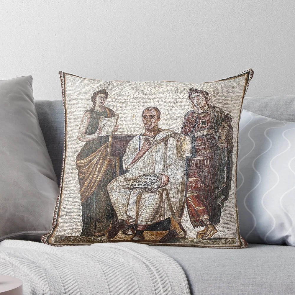 Decorative pillow featuring a Vergil-inspired Roman mosaic design