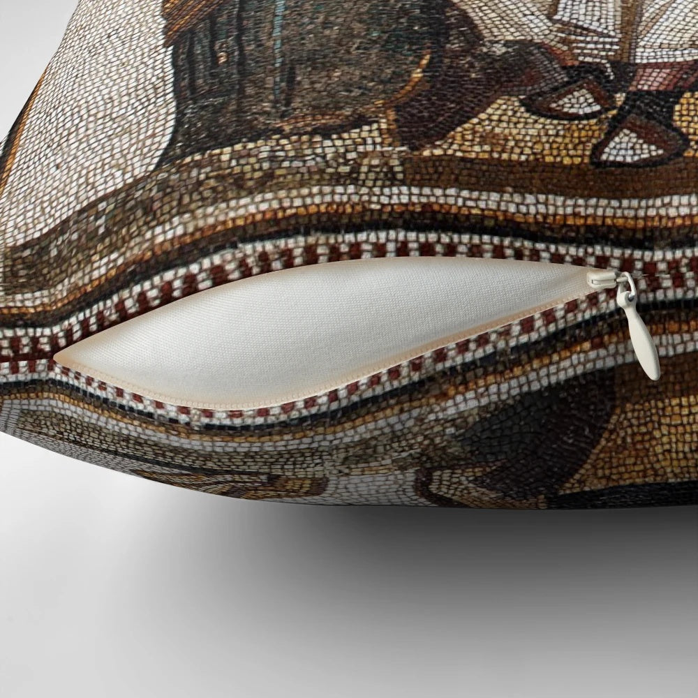 Decorative pillow featuring a Vergil-inspired Roman mosaic design