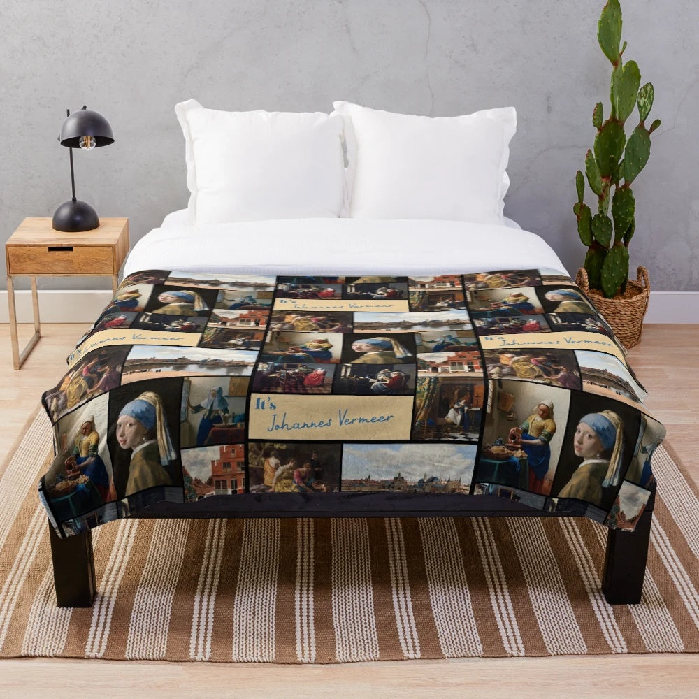 Johannes Vermeer inspired plush blanket with iconic Dutch Golden Age art paintings