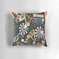 Decorative throw pillow featuring elements of popular indoor games like billiards, darts, and playing cards