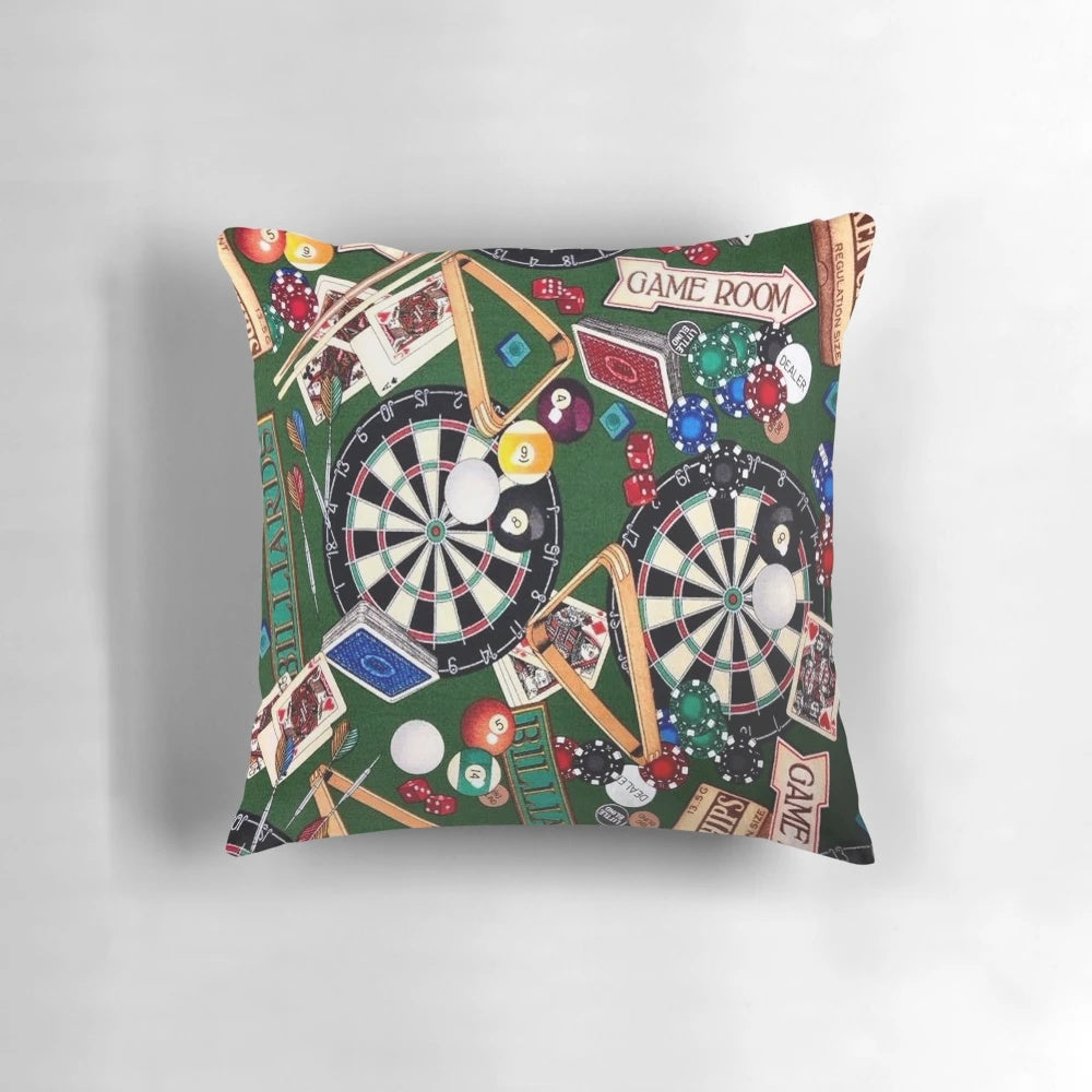 Decorative throw pillow featuring elements of popular indoor games like billiards, darts, and playing cards