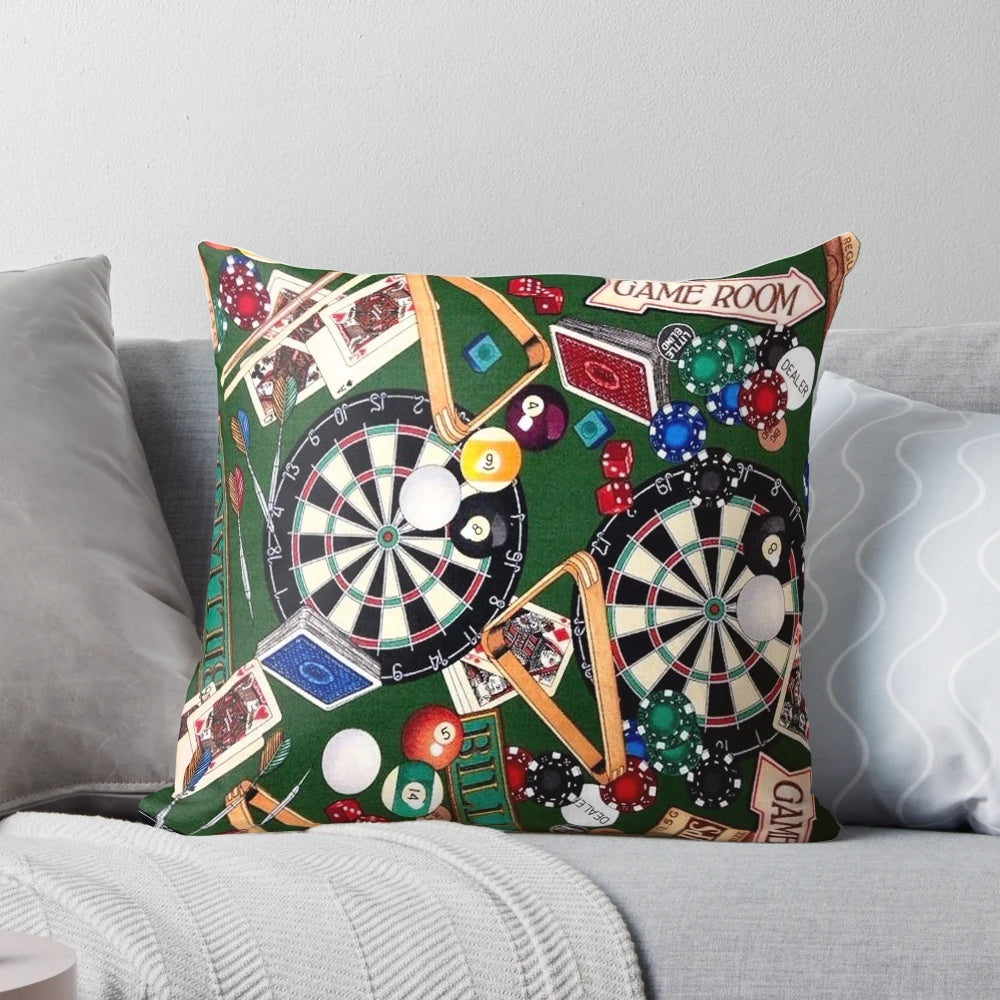 Decorative throw pillow featuring elements of popular indoor games like billiards, darts, and playing cards