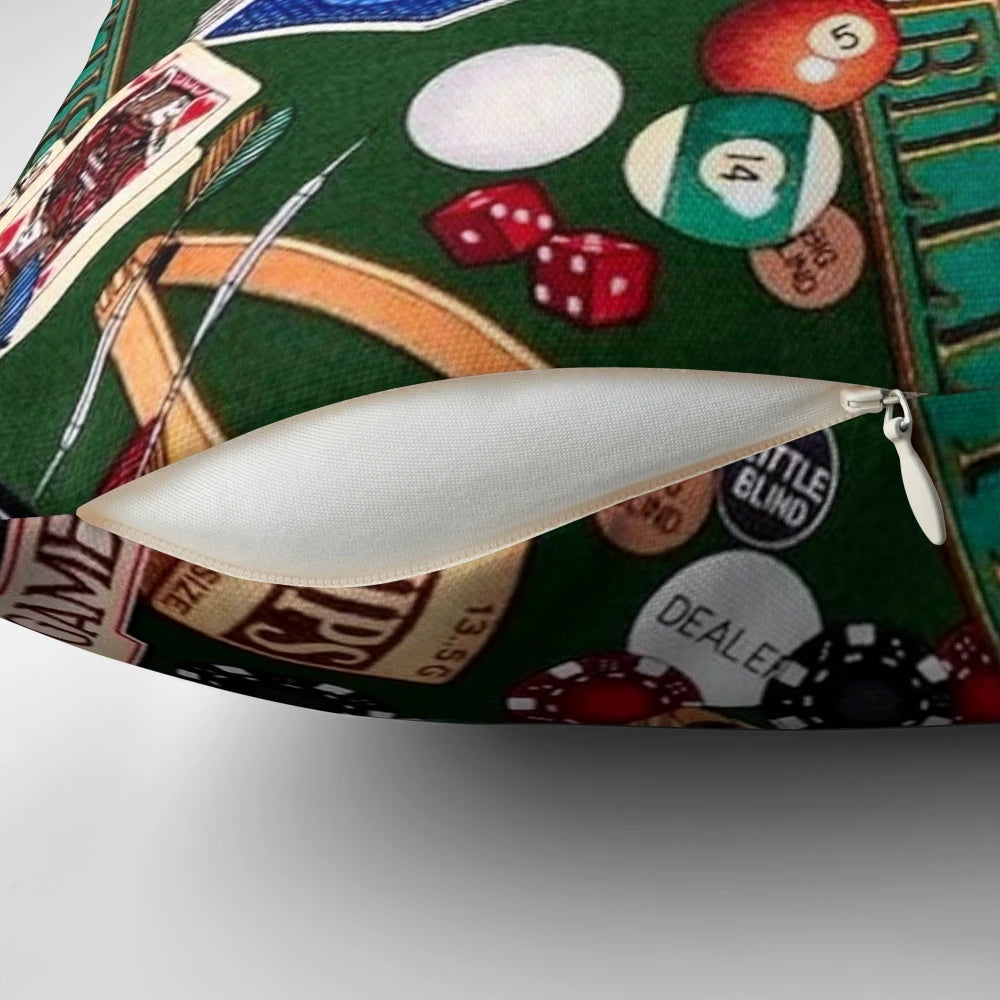 Decorative throw pillow featuring elements of popular indoor games like billiards, darts, and playing cards