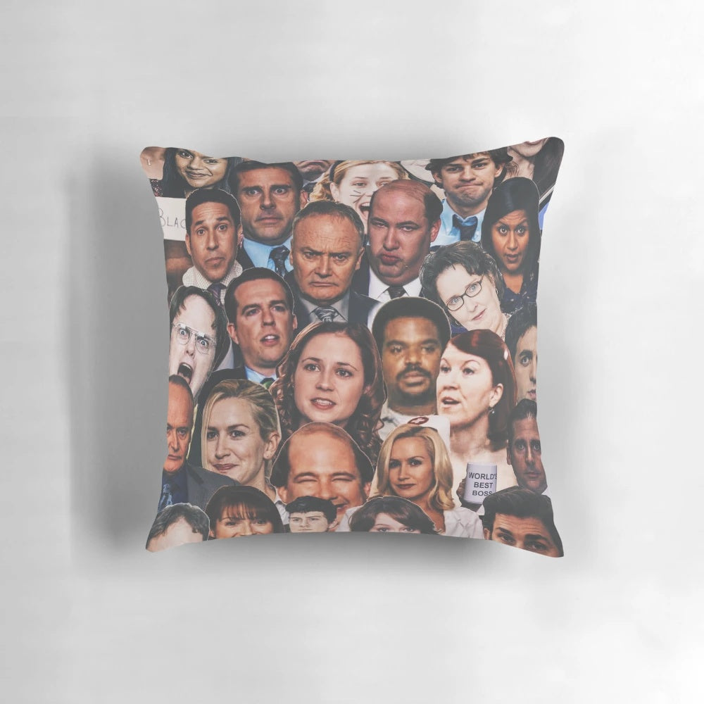 A decorative pillow featuring a collage of images from the popular TV show "The Office"