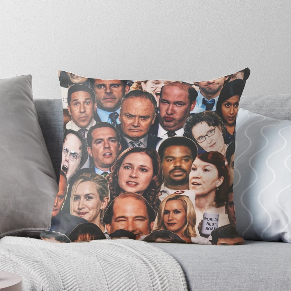 A decorative pillow featuring a collage of images from the popular TV show "The Office"