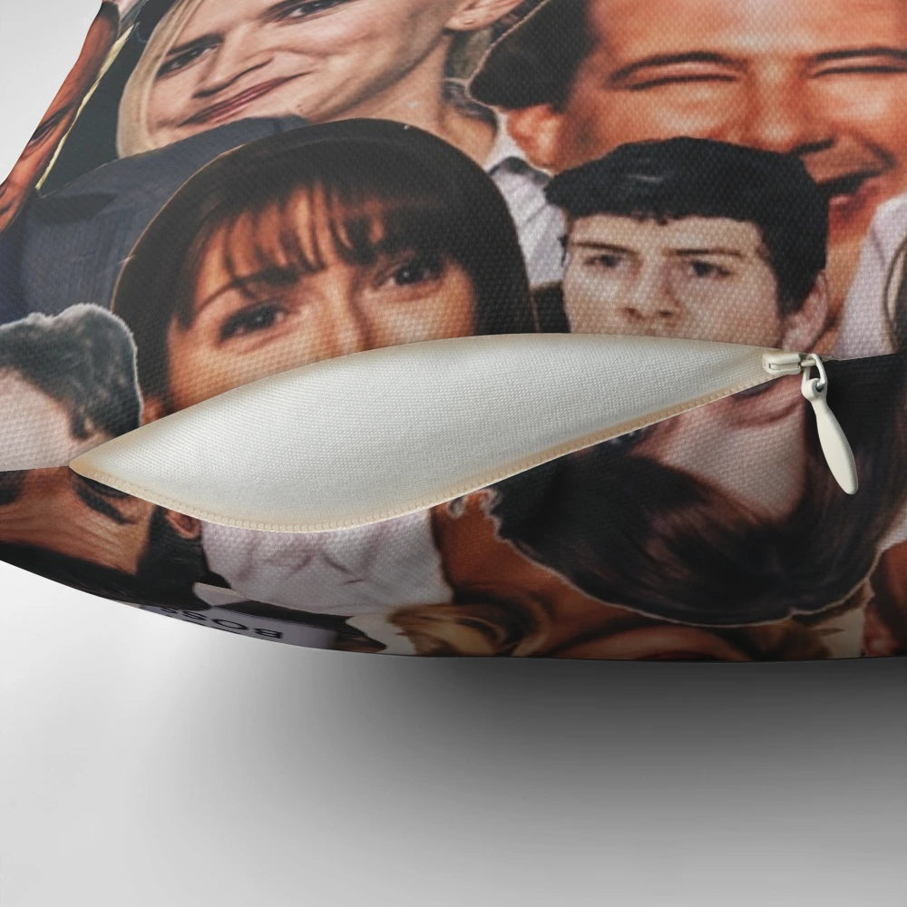 A decorative pillow featuring a collage of images from the popular TV show "The Office"