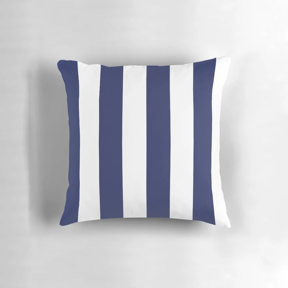 Navy blue and white vertically striped decorative pillow