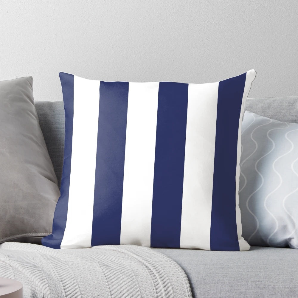 Navy blue and white vertically striped decorative pillow