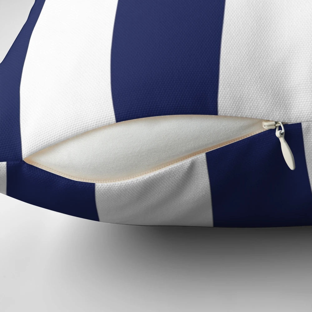 Navy blue and white vertically striped decorative pillow