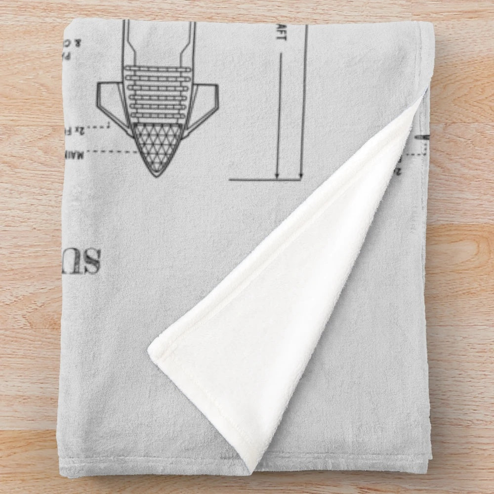 Vertical plush blanket featuring a white stencil design of the SpaceX Starship rocket
