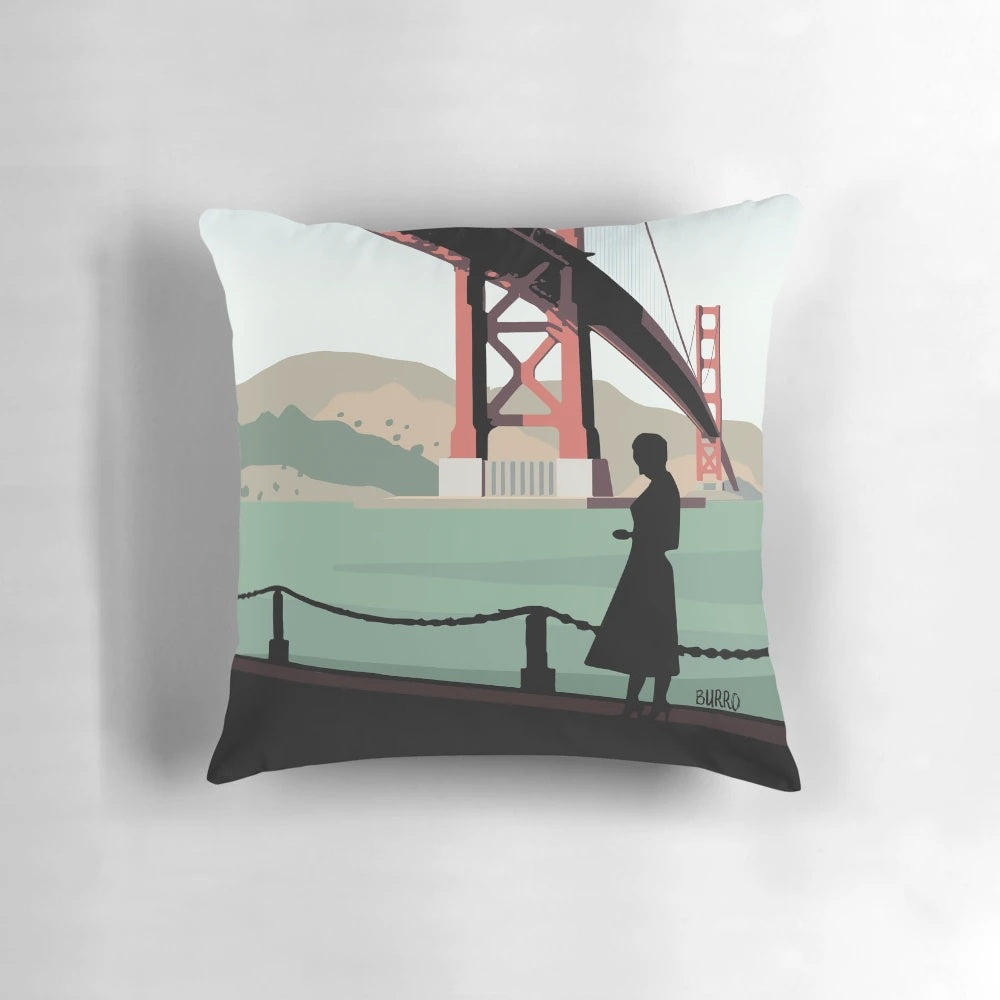 Vertigo Golden Bridge Illustration by Burroi - Hitchcock Psycho Movie Pillow