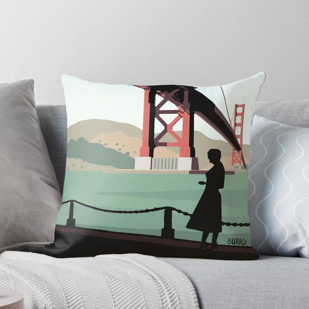 Vertigo Golden Bridge Illustration by Burroi - Hitchcock Psycho Movie Pillow