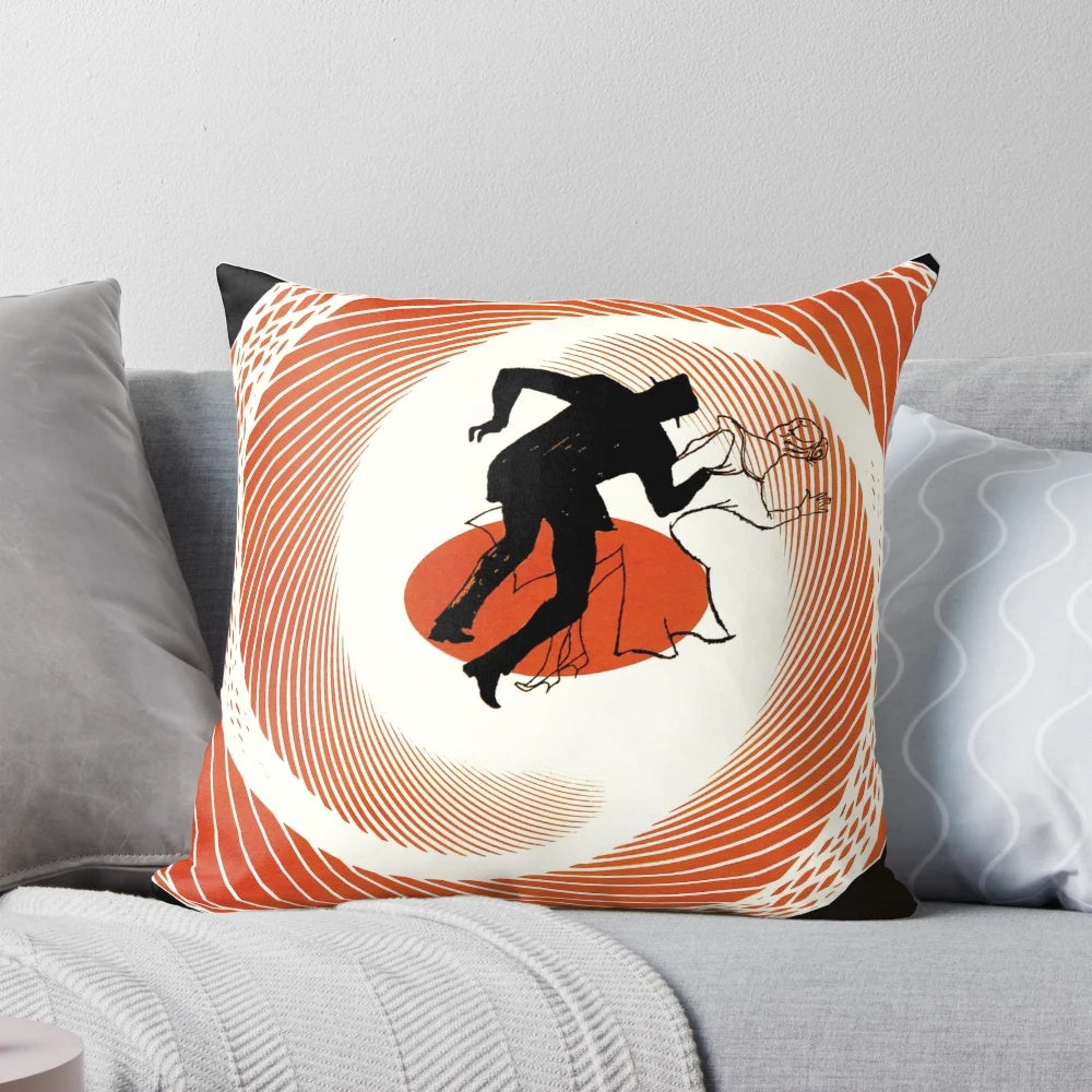 Vertigo Pillow with iconic movie poster design featuring James Stewart and Alfred Hitchcock's classic film noir