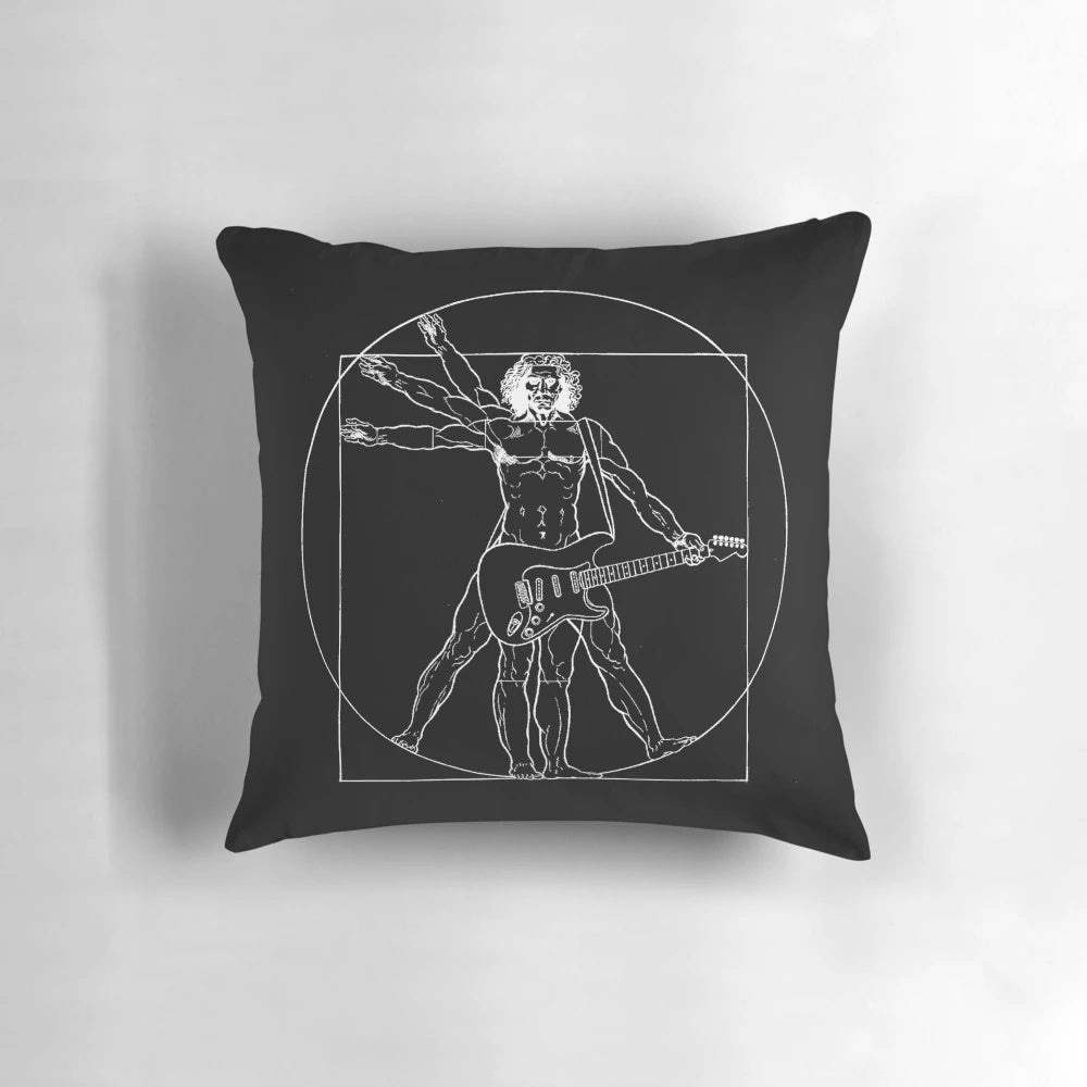 A Vetruvian-inspired pillow featuring an electric guitar, celebrating the fusion of classical art and heavy metal music.
