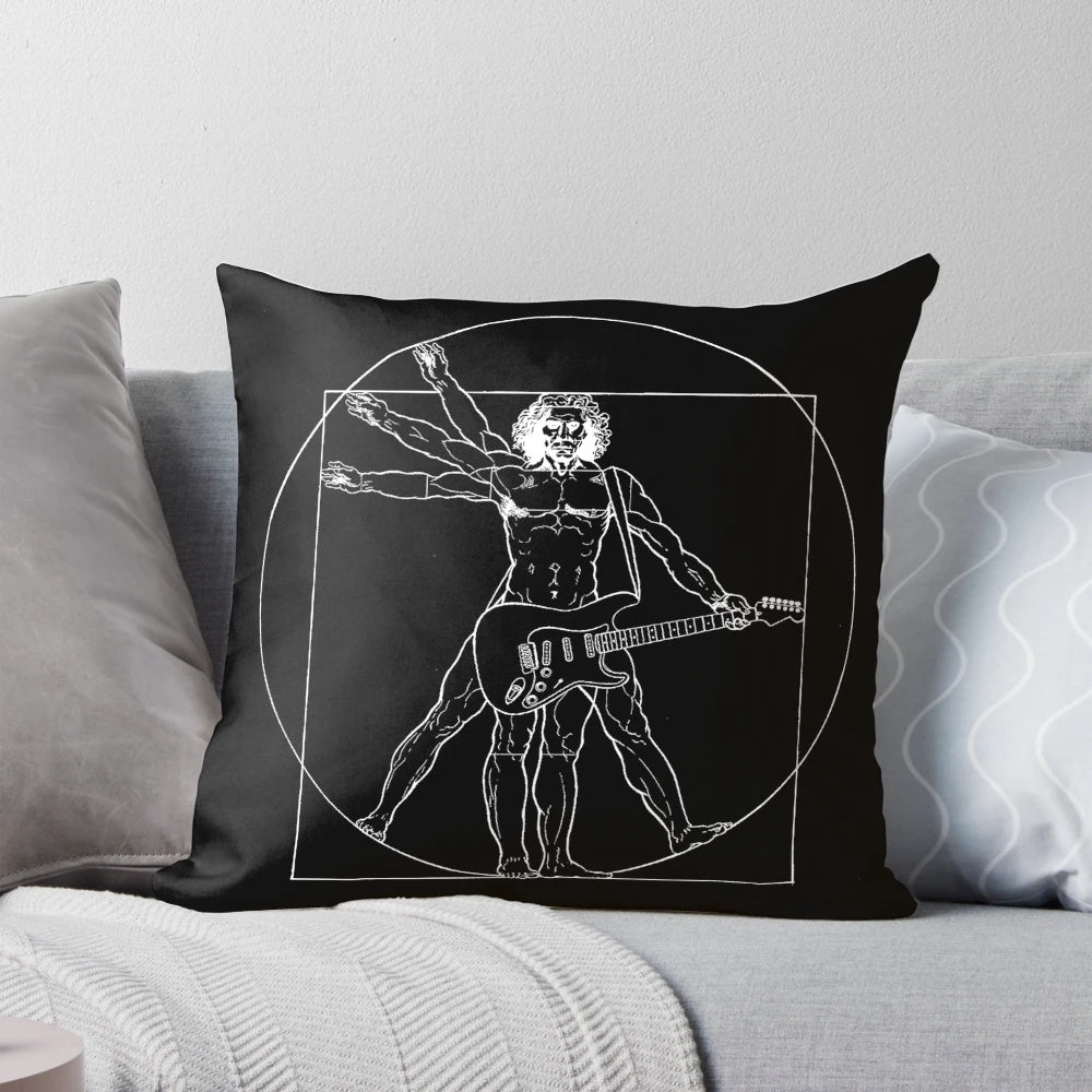 A Vetruvian-inspired pillow featuring an electric guitar, celebrating the fusion of classical art and heavy metal music.