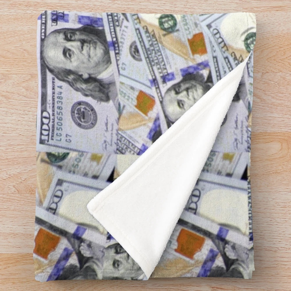 Plush blanket featuring a vibrant 100 dollar bills pattern