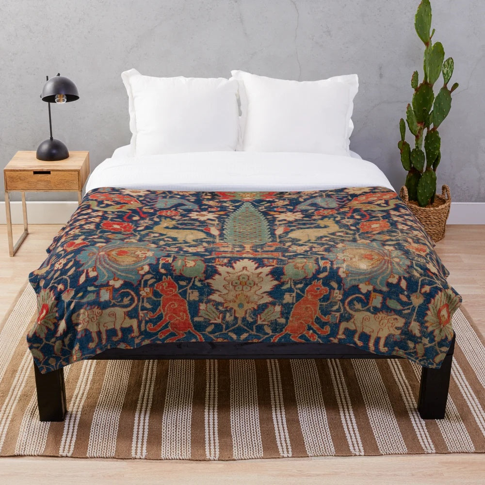 Plush blanket with a vibrant 17th century Persian-style rug pattern featuring animals and floral designs