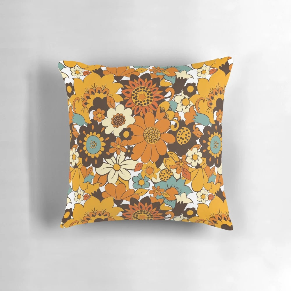 Colorful 1960s and 1970s inspired floral pattern throw pillow