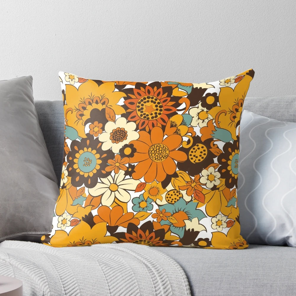 Colorful 1960s and 1970s inspired floral pattern throw pillow