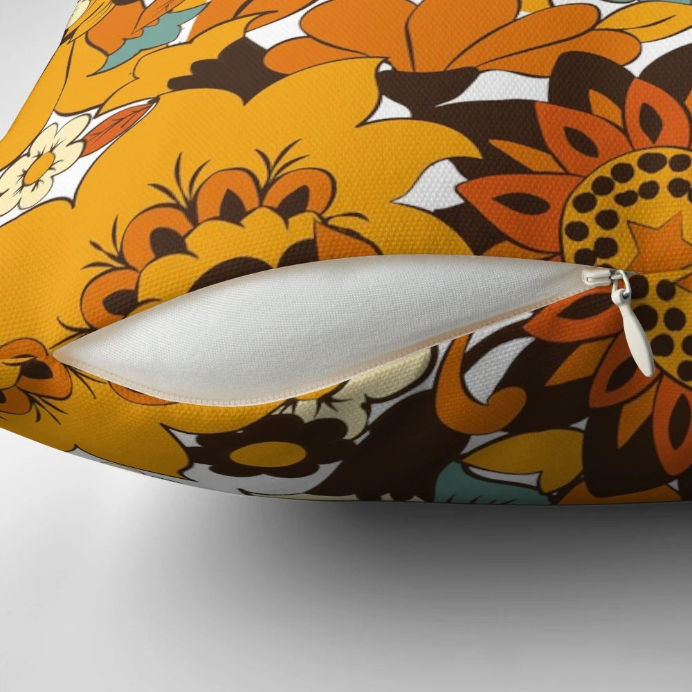 Colorful 1960s and 1970s inspired floral pattern throw pillow