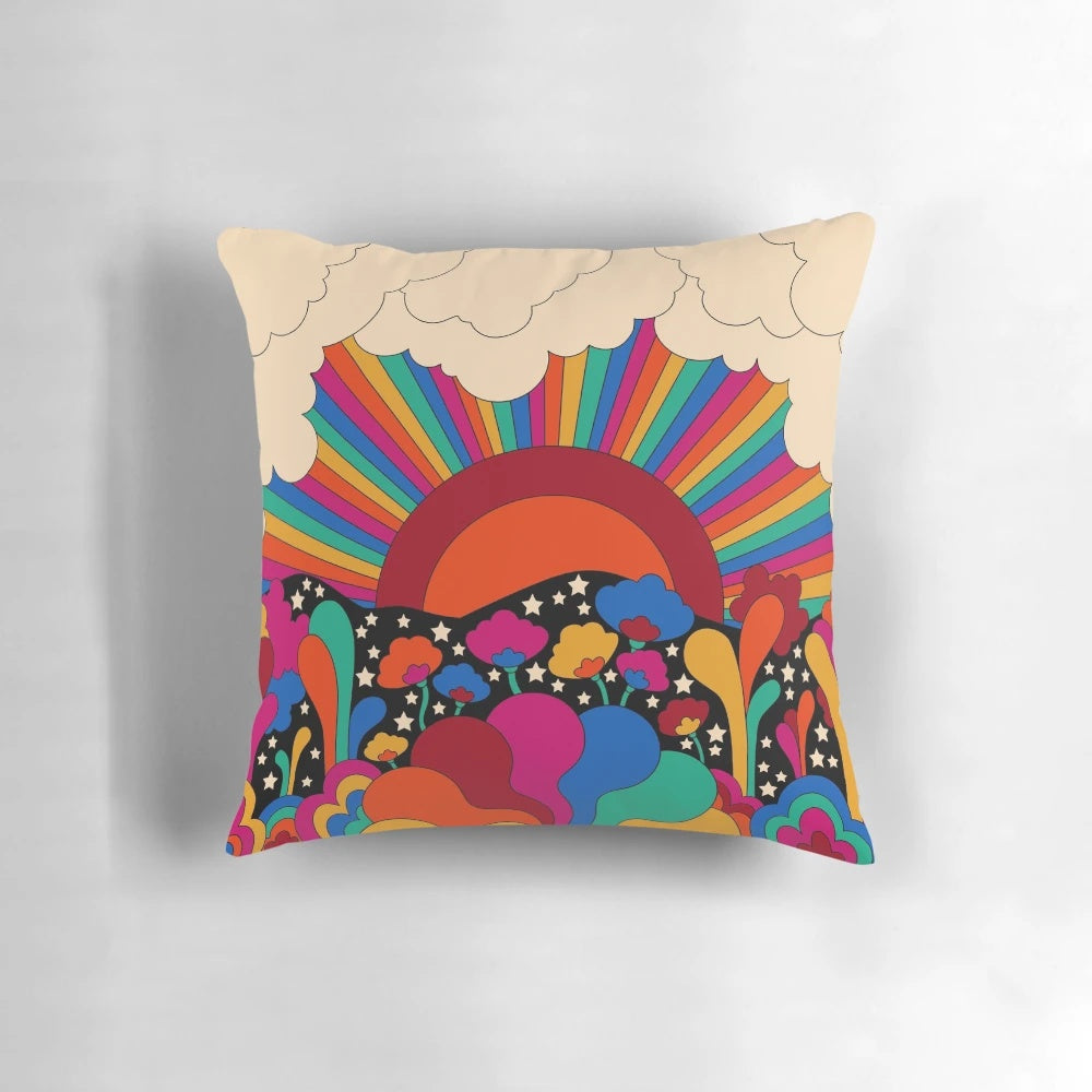 Colorful 1970s-inspired landscape pattern pillow with a psychedelic, groovy design