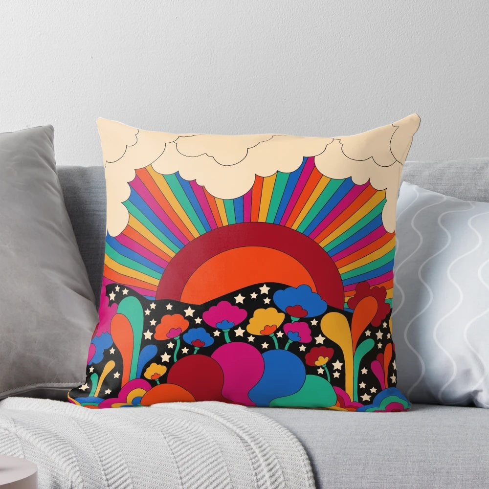 Colorful 1970s-inspired landscape pattern pillow with a psychedelic, groovy design