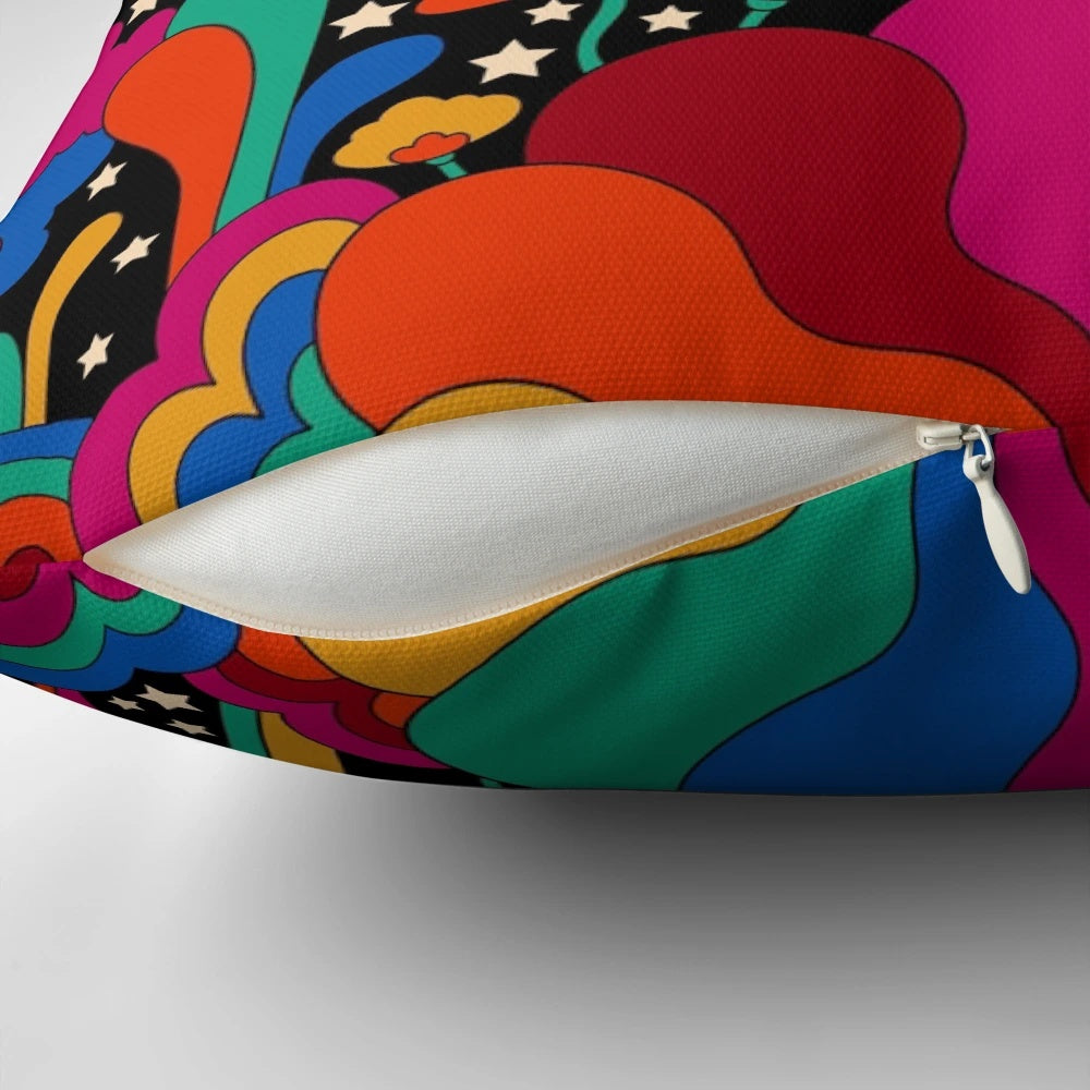 Colorful 1970s-inspired landscape pattern pillow with a psychedelic, groovy design