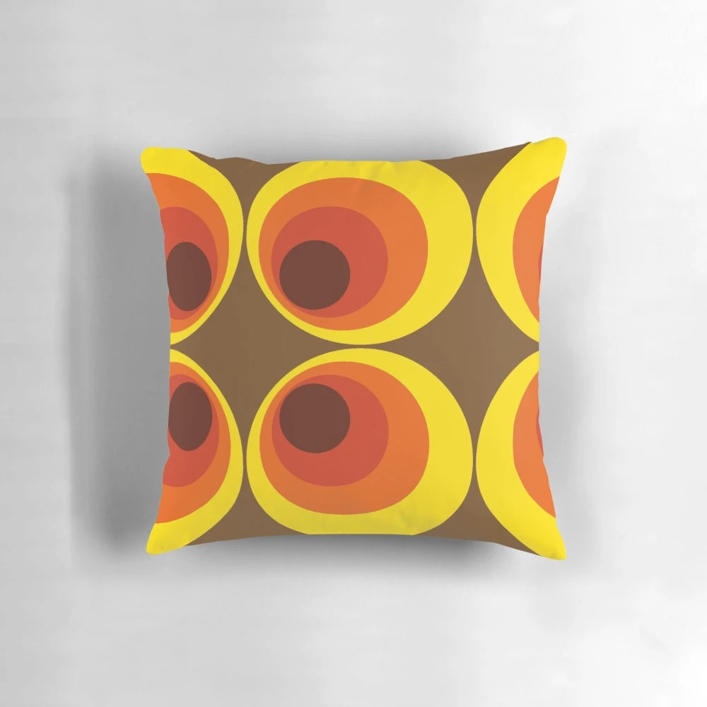 Retro-inspired throw pillow with a vibrant 70s 80s funky circle pattern design