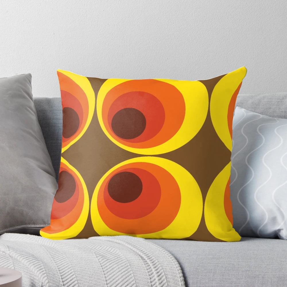 Retro-inspired throw pillow with a vibrant 70s 80s funky circle pattern design