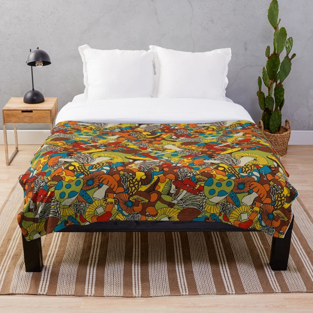Colorful 70s psychedelic mushroom design plush blanket