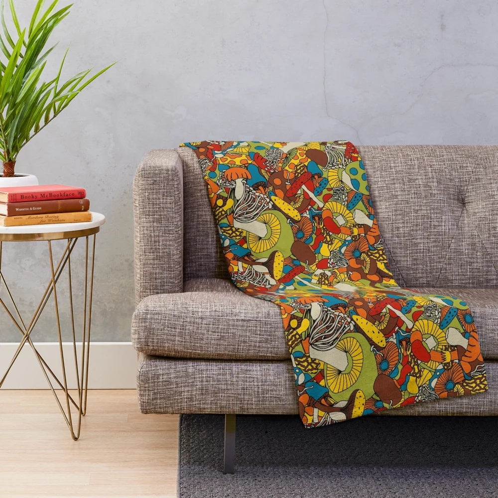 Colorful 70s psychedelic mushroom design plush blanket