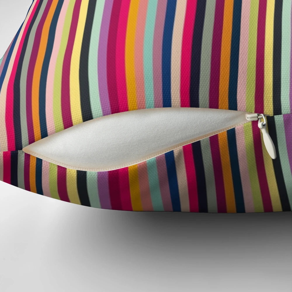 Colorful vertical striped retro 70s style accent pillow with abstract geometric pattern