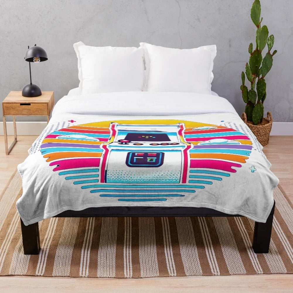 Vintage 80s arcade machine plush blanket with vibrant retro gaming design