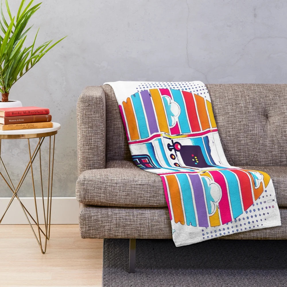 Vintage 80s arcade machine plush blanket with vibrant retro gaming design