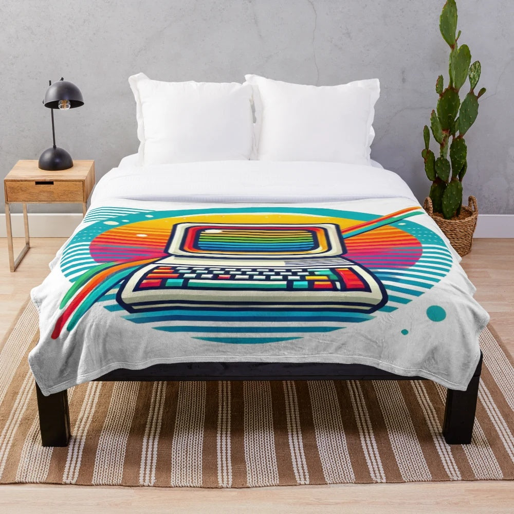 Vintage 80s computer-themed plush blanket with vibrant, colorful design