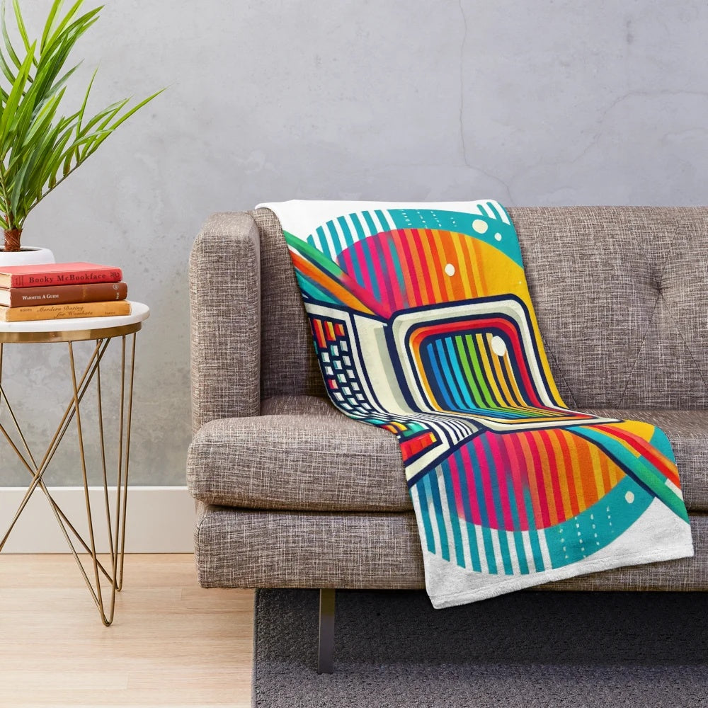 Vintage 80s computer-themed plush blanket with vibrant, colorful design