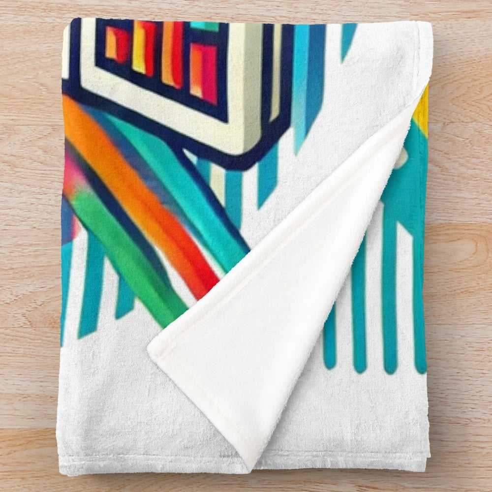 Vintage 80s computer-themed plush blanket with vibrant, colorful design