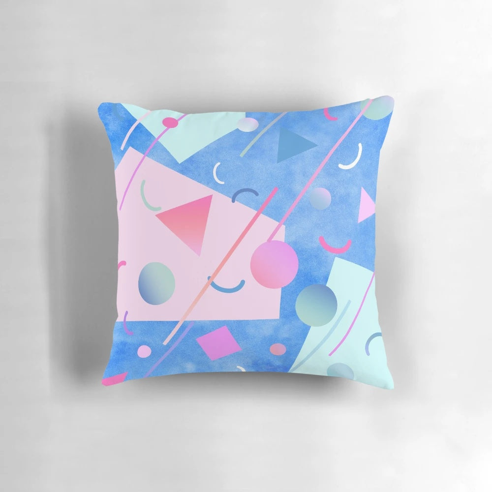 Bright blue 80s-inspired retro Memphis pattern pillow with electric neon grid and funky, futuristic design.